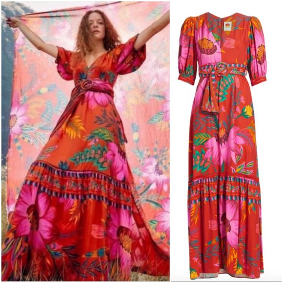 Farm Rio Belted Floral Maxi Dress size S small red pink v-neck puff sleeve - Picture 3 of 12
